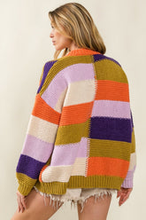 Checkered Color Block Sweater Cardigan BiBi